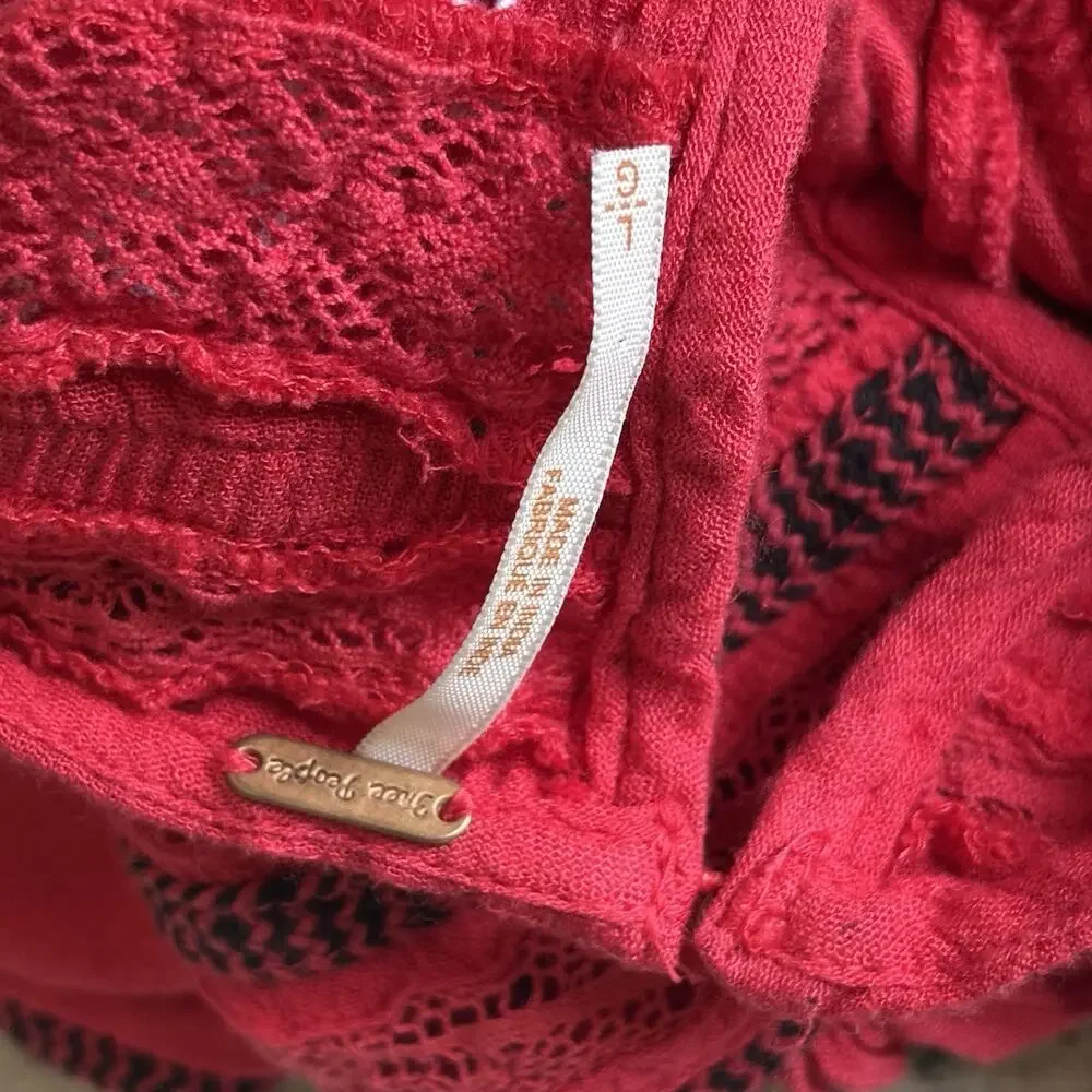 Free People Cyprus Avenue Embroidery Red Boho Long Sleeve Top Sz Large